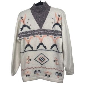 Antonella T Ivory Wool Blend Geo Print Pom Pom Turtleneck Sweater